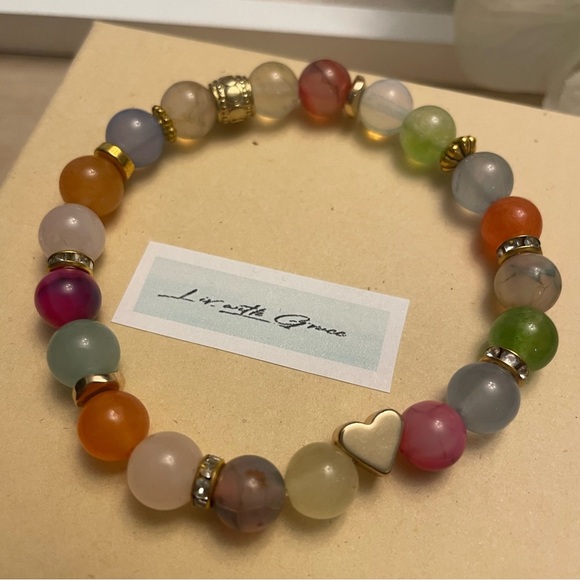Rainbow Multi Colored Agate Gemstone bracelet, heart charm, stretch - Picture 6 of 6